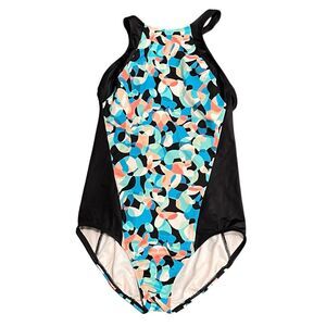 Lands End One Piece Swimsuit Colorful Patterned Bathing Suit Black Blue size 6L